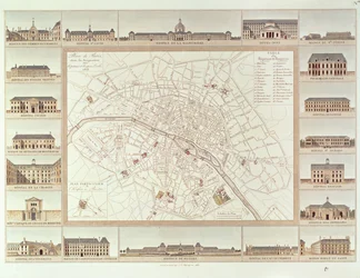 Plano de Paris indicando hospitais e casas civis, 1818, publicado em 1820